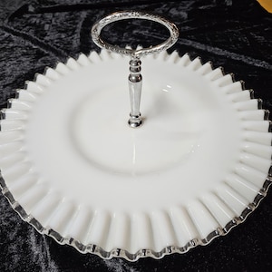 Vintage Fenton Milk Glass Platter, Silver Crest Plate, Cupcake Display Stand, Tidbit Tray Serving Tray, Ruffled Edge