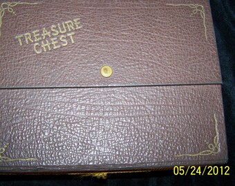 Treasure Chest Vintage Box 1940s Gold Cord with Tassel Stationery with Snap on top