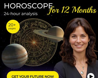 May include: An advertisement for a personalized horoscope service. The image features a woman smiling, with text that reads "PERSONALISED HOROSCOPE for 12 Months" and "24-hour analysis." A zodiac wheel and planets are also depicted.