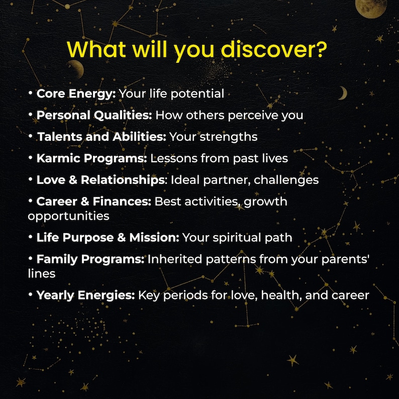 Discover your life path, career potential, love compatibility, family karma, and spiritual mission through this in-depth Destiny Matrix numerology and astrology reading. Perfect for those seeking guidance and personalized spiritual insight with same day digital delivery.