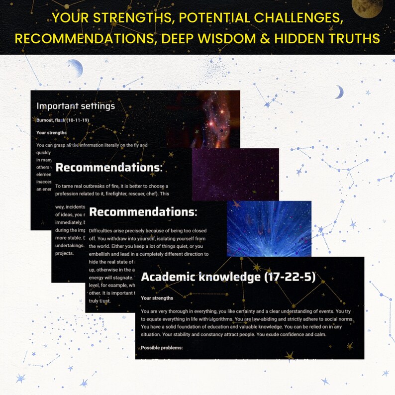 Gain clarity on your strengths, emotional patterns, hidden blocks, and karmic challenges. This Destiny Matrix reading gives powerful recommendations for personal growth through astrology and numerology, helping you unlock your full potential and spiritual power.