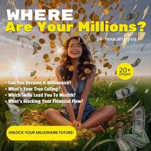 May include: A woman sits amidst falling coins and banknotes. The image features the text "WHERE Are Your Millions?" and "UNLOCK YOUR MILLIONAIRE FUTURE!". Additional text includes "24-hour analysis" and "20+ pages".