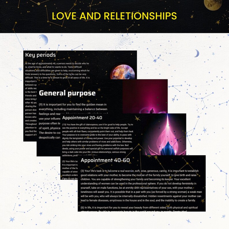Uncover your ideal partner, relationship challenges, and key love periods with this unique love destiny reading. Combining soul purpose and life path analysis, this report offers relationship guidance based on numerology, past life patterns, and astrology insights.
