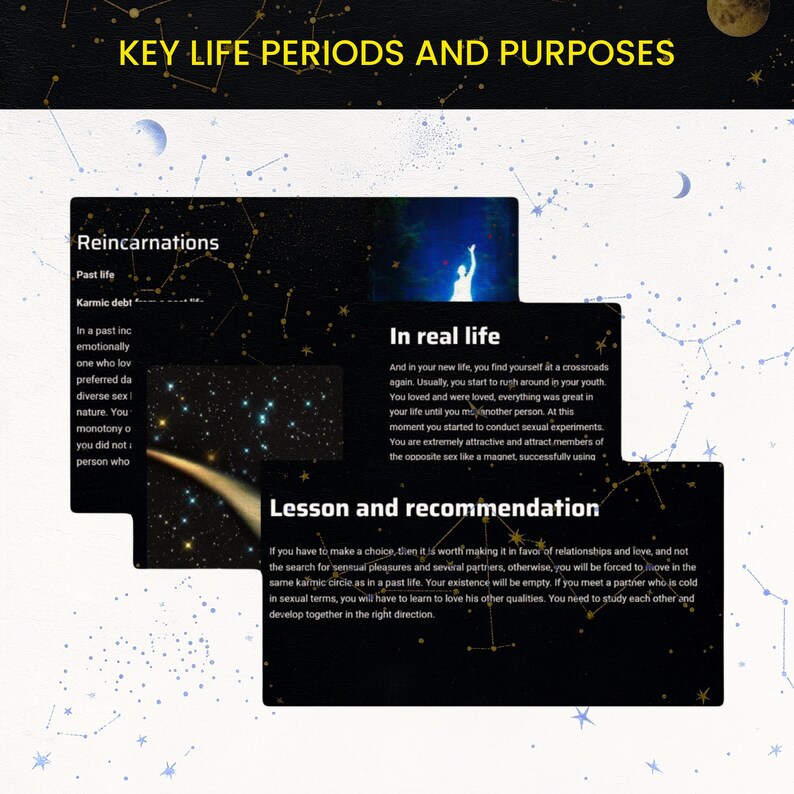 Explore your key life periods, karmic lessons, and soul contracts through Destiny Matrix Report. This unique past life and future timeline analysis combines numerology and astrology to help you align with your destiny and make empowered decisions.