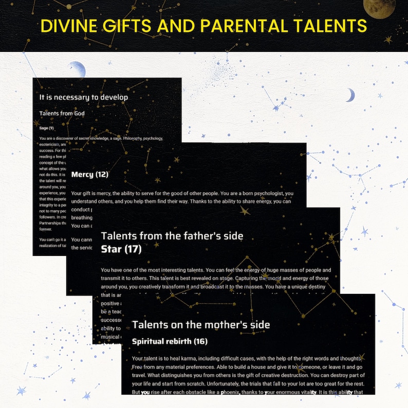 Reveal your spiritual talents and family karmic inheritance in this personalized Destiny Matrix soul reading. Discover divine gifts and parental influence using a powerful combination of astrology, numerology, and life purpose analysis. Ideal for deep self-discovery.