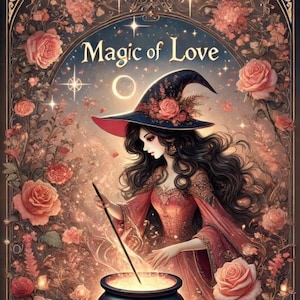 Puede incluir: Ilustración de una mujer con sombrero y vestido de bruja, removiendo un caldero brillante. La imagen está enmarcada por rosas y las palabras "Magic of Love". La paleta de colores incluye tonos de rosa, rojo y dorado, creando una atmósfera mística y romántica.