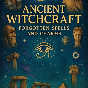 May include: A digitally illustrated book cover with a dark blue starry background. The title "ANCIENT WITCHCRAFT" is in gold lettering. The cover features illustrations of ancient figures, symbols, and the text "FORGOTTEN SPELLS AND CHARMS".