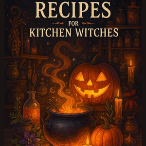 May include: A digital illustration of a Halloween cookbook cover. The title reads "Halloween Recipes for Kitchen Witches." The image features a glowing jack-o'-lantern, a bubbling cauldron, pumpkins, candles, and bottles, all in warm, inviting colours.