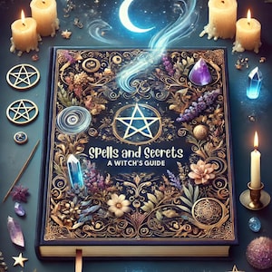 Puede incluir: Un libro azul oscuro con detalles dorados y un pentagrama en la portada. El libro se titula "Spells and Secrets: A Witch's Guide". El libro está rodeado de velas, cristales y otros objetos mágicos.