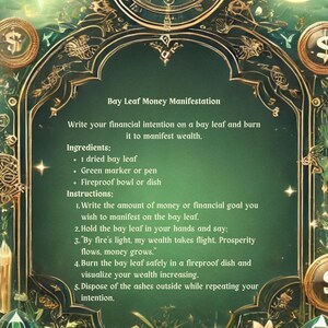 May include: A green and gold illustrated guide to a bay leaf money manifestation ritual. The text instructs the user to write their financial intention on a bay leaf, burn it, and visualize their wealth increasing.