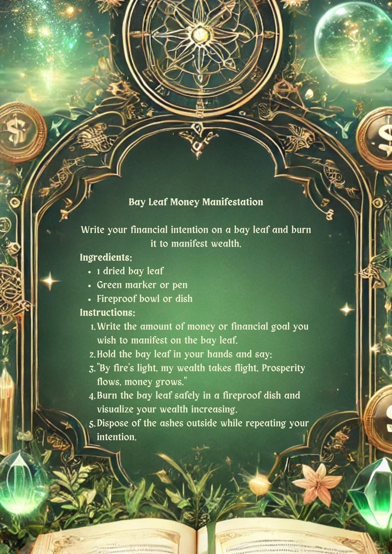 May include: A green and gold illustrated guide to a bay leaf money manifestation ritual. The text instructs the user to write their financial intention on a bay leaf, burn it, and visualize their wealth increasing.