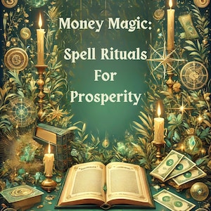 May include: An open book with a green background and gold accents. The book is surrounded by candles, coins, and other objects related to money magic. The text on the book reads "Money Magic: Spell Rituals For Prosperity".