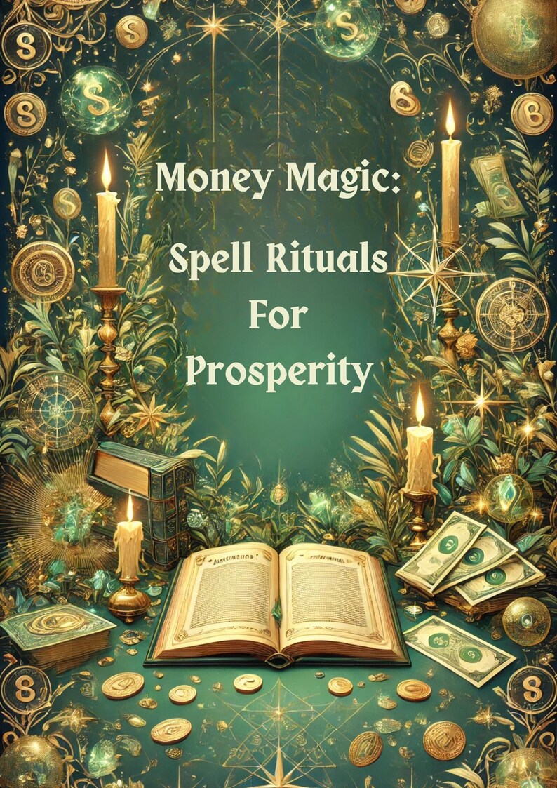May include: An open book with a green background and gold accents. The book is surrounded by candles, coins, and other objects related to money magic. The text on the book reads "Money Magic: Spell Rituals For Prosperity".