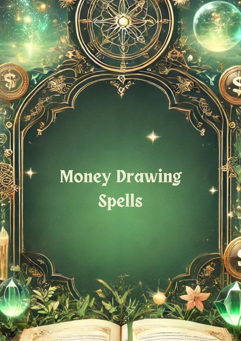 May include: An open book with a green background featuring gold ornate designs and the text "Money Drawing Spells".