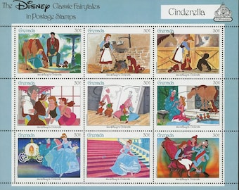 Disney's Cinderella, Set of 9 Uncirculated, Postage Stamps On A Single Sheet, Featuring Scenes From The Animated Motion Picture