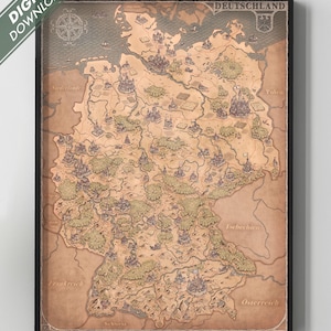 Digitaler Download - Deutschland Karte - Fantasy Stil - Mittelalter Stil  - illustrierte Karte von Deutschland Kunst -  Poster-  Karten