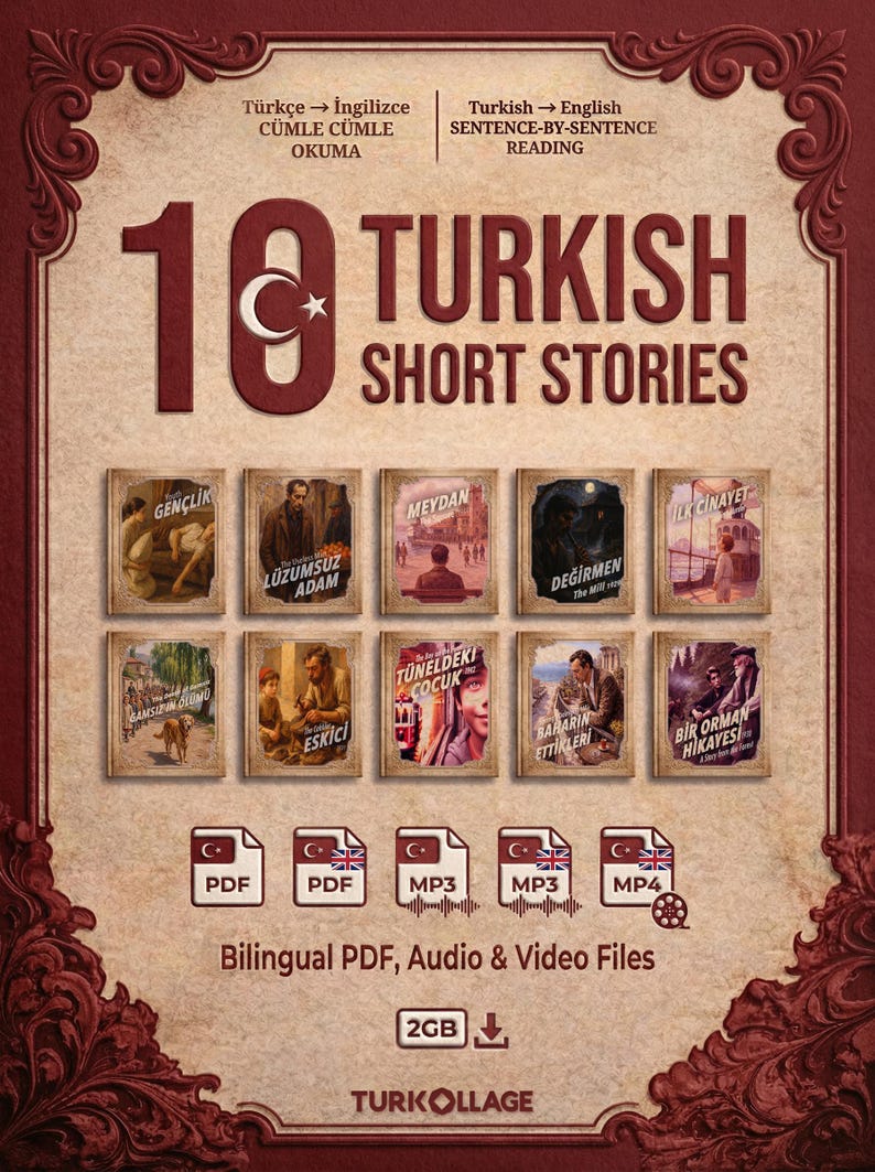 Pode incluir: Um produto digital com dez contos turcos, intitulado "10 Turkish Short Stories" em letras castanhas. A capa apresenta pequenas capas de livros com ilustra&ccedil;&otilde;es. Inclui arquivos PDF, MP3 e MP4, com um tamanho total de 2 GB.