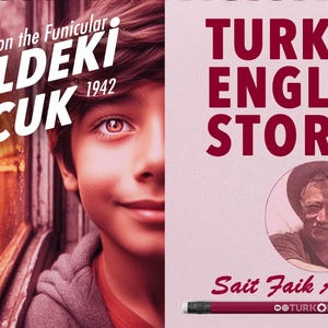 Pode incluir: Uma capa de livro dividida em duas partes. &Agrave; esquerda, um menino e um funicular, com o t&iacute;tulo "The Boy on the Funicular" e o ano de 1942. &Agrave; direita, "Turkish English Stories" e um retrato de Sait Faik Abasıyanık.