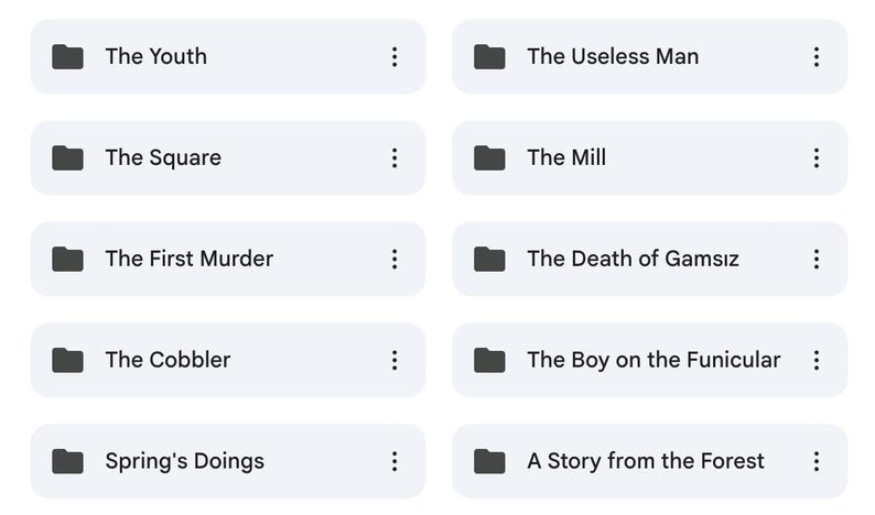 Pode incluir: Uma s&eacute;rie de pastas digitais, cada uma com um t&iacute;tulo. Os t&iacute;tulos incluem "The Youth", "The Useless Man", "The Square", "The Mill", "The First Murder", "The Death of Gamsız", "The Cobbler", "The Boy on the Funicular", "Spring's Doings" e "A Story from the Forest".