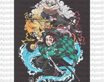 May include: A colorful illustration of four anime characters from the Demon Slayer series. The characters are in various poses, with swords and other weapons. The background is black with a white cloud behind the characters.