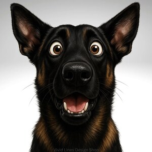 May include: A digital illustration of a dog with a surprised expression. The dog has black fur with brown highlights, large brown eyes, and an open mouth revealing its teeth. The text "Vivid Lines Design Shop" is at the bottom.