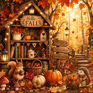 May include: A wooden shelf structure with a Hello Fall sign, string lights, and shelves holding books, a mug, and a birdhouse. A squirrel holds an acorn near a basket of apples, a pumpkin, and a hedgehog with a wheelbarrow in a forest setting.