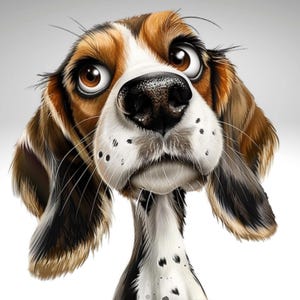 Könnte beinhalten: Ein Beagle-Cartoon-Hund mit braunem, schwarzem und weißem Fell. Der Hund hat große, braune Augen und eine lange, spitze Nase. Der Hund schaut mit einem neugierigen Ausdruck nach oben.