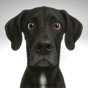 May include: A close-up portrait of a black dog with striking brown eyes and long, floppy ears. The dog has a black nose, a white patch on its chest, and whiskers. The background is a plain, light grey colour.