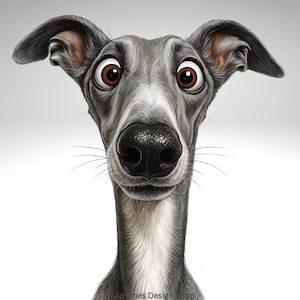 Könnte beinhalten: Digitalillustration eines Windhundes mit großen, ausdrucksstarken braunen Augen und einem überraschten Gesichtsausdruck. Die lange Schnauze und die Ohren des Hundes sind markant, vor weißem Hintergrund. Das Bild hat einen cartoonartigen Stil.