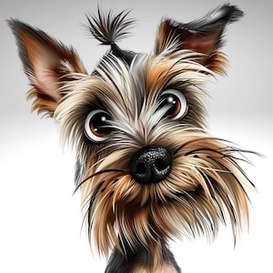 Könnte beinhalten: Nahaufnahme eines Yorkshire Terriers mit braunem, schwarzem und weißem Fell. Der Hund hat große, runde Augen und einen verspielten Ausdruck.