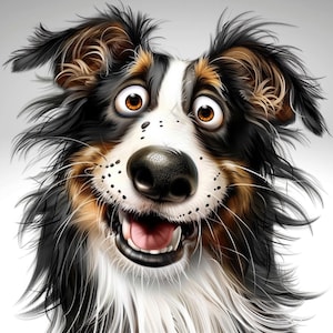 Könnte beinhalten: Eine Cartoon-Illustration eines Hundes mit schwarzem, braunem und weißem Fell. Der Hund hat große, runde Augen und einen weit geöffneten Mund, der seine Zähne zeigt. Die Zunge des Hundes hängt heraus und er hat einen verspielten Ausdruck im Gesicht.