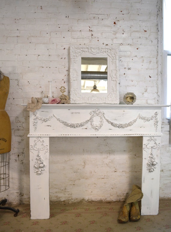 Painted Cottage Chic Shabby White Fireplace Mantel Etsy