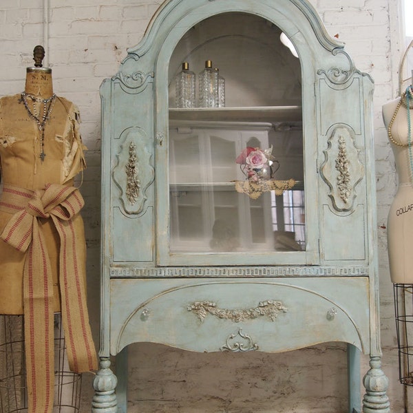 Vintage Painted Cottage Chic Shabby Aqua China Cabinet CC143