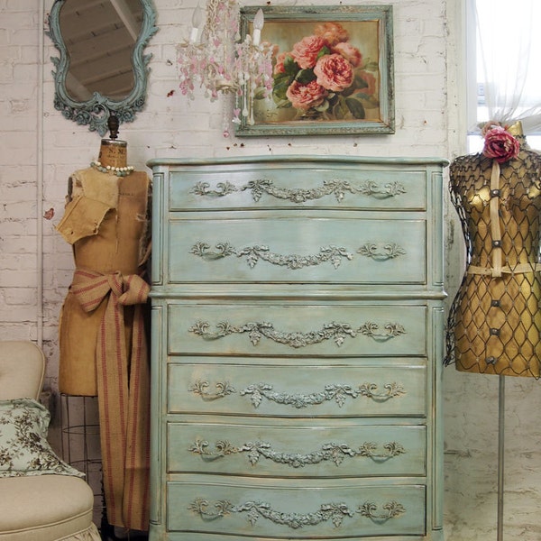 Vintage Painted Cottage Aqua Chic French Provincial Dresser CH163