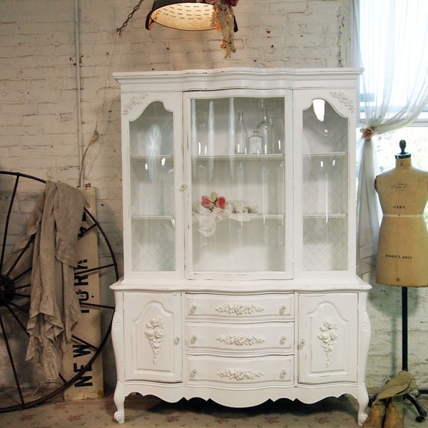 RESERVED for TWANNA Painted Cottage Chic Shabby Romantic White China Cabinet CC352