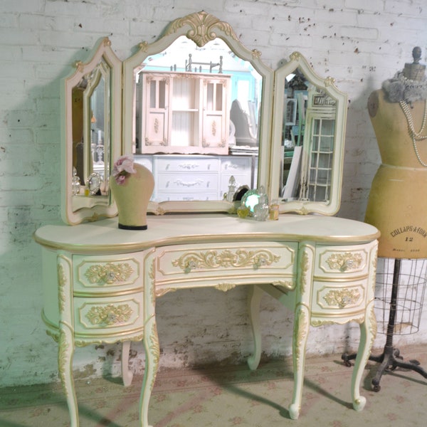 Painted Cottage Chic Shabby Romantic French Vanity and Mirror