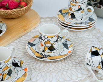 12-Piece Porcelain Coffee Cup Set: Cream Color, 90ml Capacity, Geometric Pattern