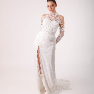 Boho Mermaid Lace Wedding Dress: Pearls, High Slit, Long Sleeves