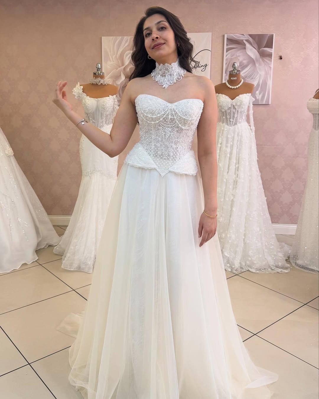 A-line Embroidered Lace Beaded Corset Wedding Dress With Tulle Skirt ...