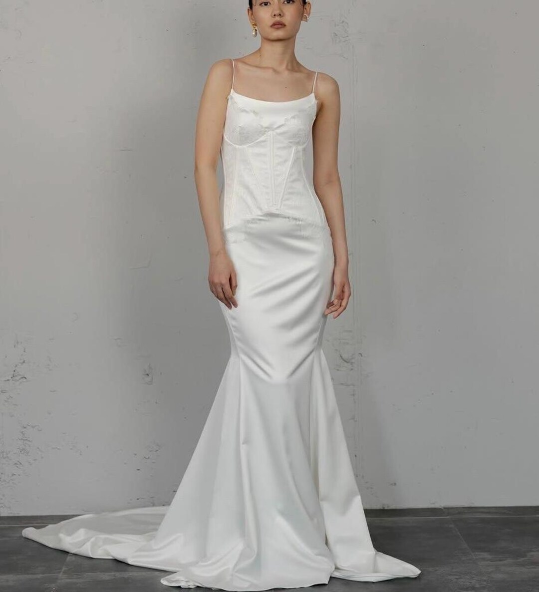 Minimalist Corset Lace Satin Silk Wedding Dress,straps Mermaid Modern ...
