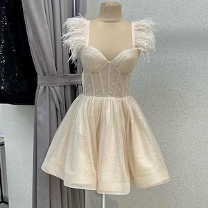 A-line champagne glitter lace corset Wedding Dress above the knees,golden sparkling princess mini wedding dress,short bodycon party gown