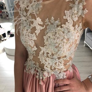 Blush pink A-line lace satin boho wedding dress,pink rose bohemian wedding gown,princess wedding dress,simple beach wedding gown