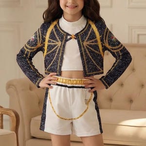Girls Sequin Performance Set, Navy Gold Starburst Jacket, White Crop Top Shorts, Stage Wear