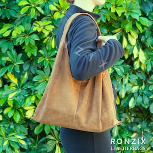 Handmade Real Suede Leather Tote Bag – Large Brown Shoulder Purse, Soft Boho Hobo Bag for Women, Genuine Suede Tote Bag, Soft Bag Suede Bag