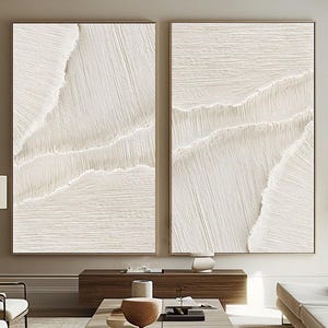 White Textured Wave Paintings - Two-Piece 3D Abstract Art, Neutral Coastal Decor, Minimalist Living Room Set, Organic Modern Style