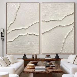 Abstract White Ocean Wave Painting on Canvas Set of 2 White 3D Textured Wall Art Wabi-Sabi Wall Art Minimalist Wall Art Modern Wall Decor