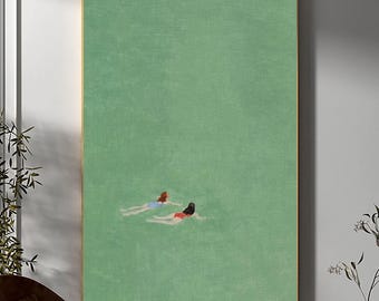 Green Swimming Figures - Abstract Textured Painting, Minimalist Water Art, Handmade Canvas, Modern Organic Wall Decor, Modern Wall Art
