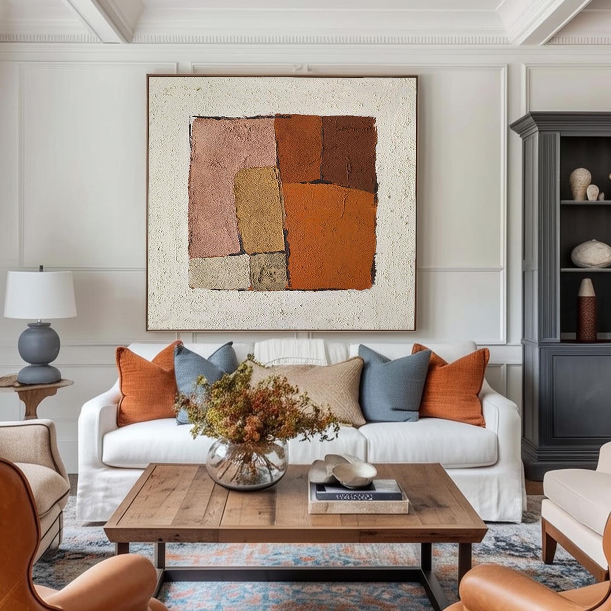 Rustic Abstract Textured Wall Art Terracotta Beige Geometric Painting Handmade Minimalist Canvas Art Modern Boho Art Neutral Home Decor