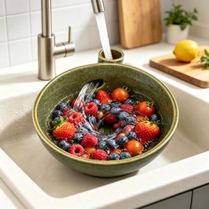 May include: A round, olive green ceramic colander bowl with a side handle, filled with fresh strawberries, blueberries, and cherry tomatoes being rinsed under a stream of water from a kitchen tap, creating a swirling effect in the basin.