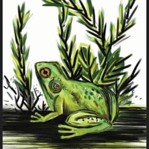 Kikker in het riet: kleurrijke, op de natuur geïnspireerde muurkunst, directe digitale download